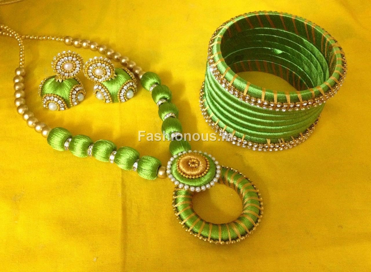 Green and Yellow Silk Thread Jewellery Set