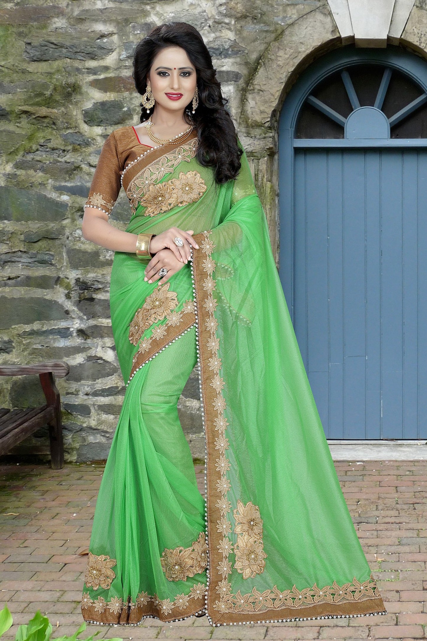 Green colour Embroidery Patch Work Saree-SRP-GS-04