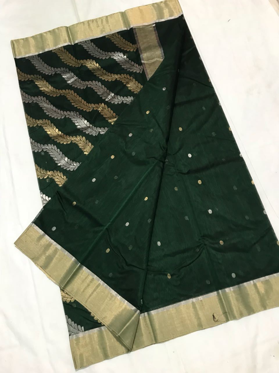 Green with Chained Leaf Designed Zari Border Chanderi Silk Saree-CHANSRE-092