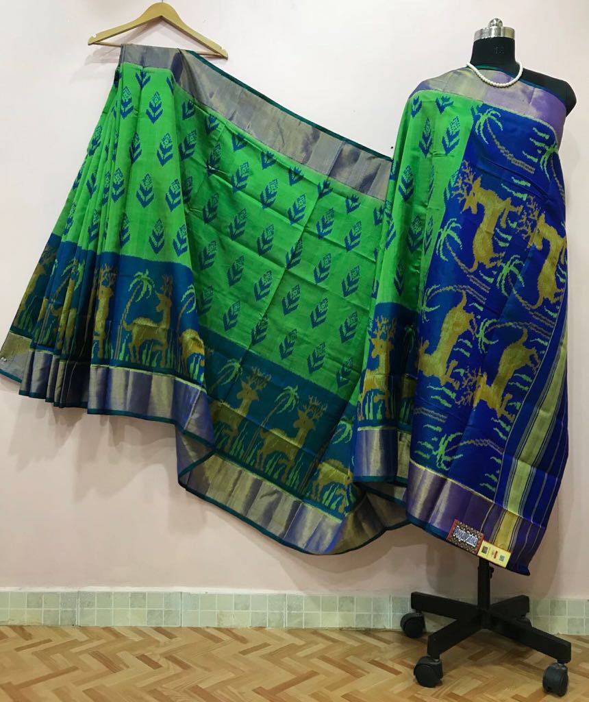 Green with Deer Designed Blue Pallu Patola Silk Saree-PPSRE-033