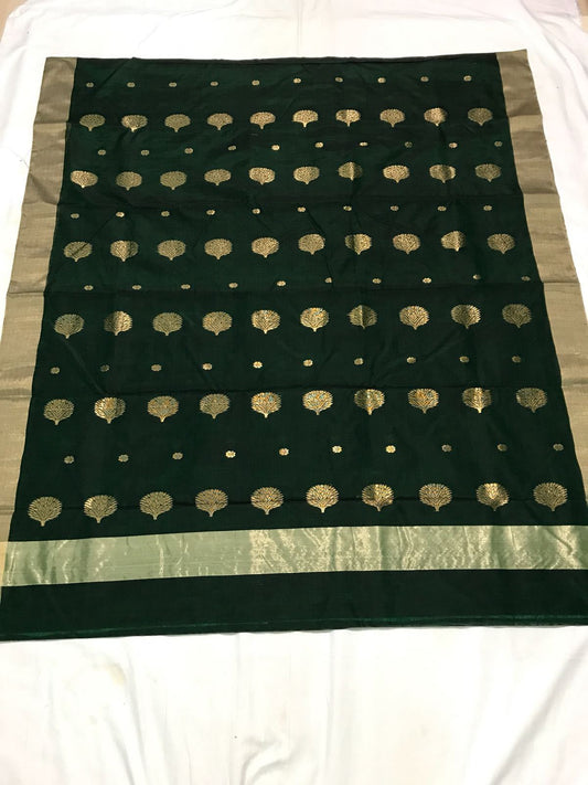 Green with Golden Floral Zari Border Chanderi Silk Saree-CHANSRE-071