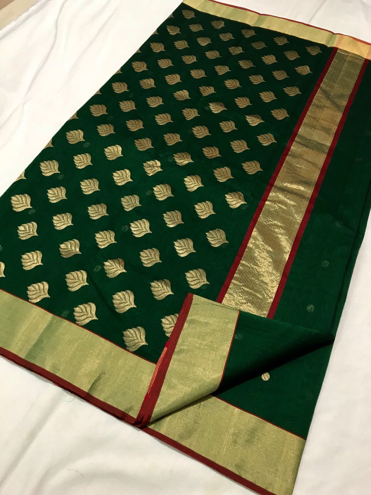 Green with Golden Leaf Designed Zari Border Chanderi Silk Saree-CHANSRE-016
