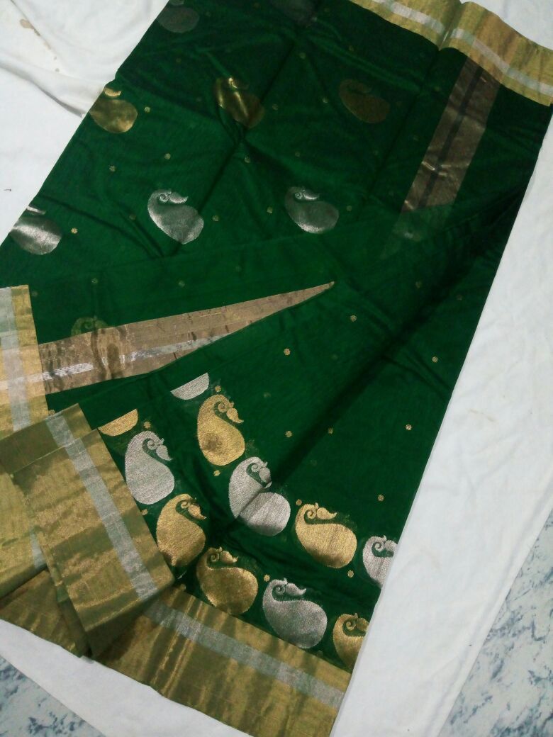 Green with Golden and Silver Mango Designed Chanderi Silk Saree-CHANSRE-038