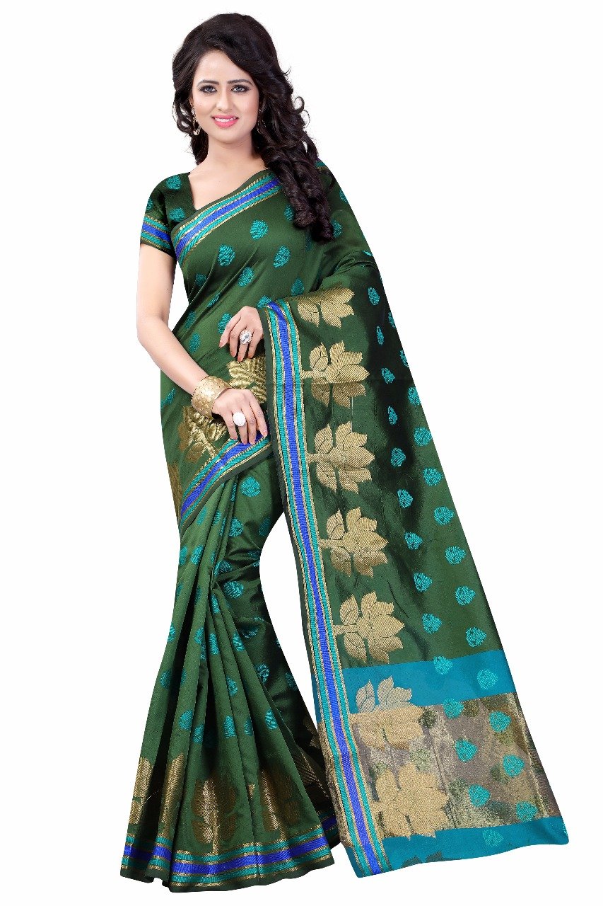 Green with Lotus Designed Pallu Banarasi Saree-SRE-990 dark green coloured saree with blue pallu