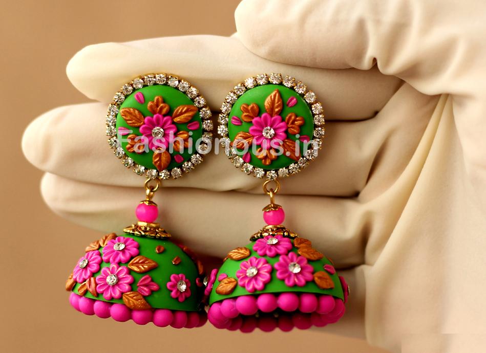 Green with Pink Floral Jhumka-ZAPCJH-019
