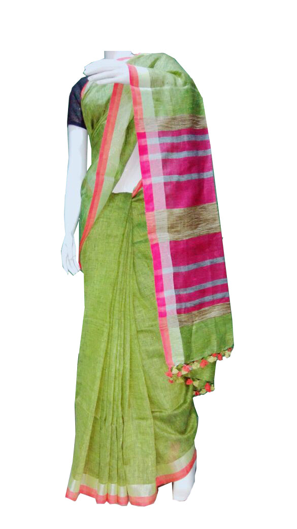 Green with Pink Striped Pallu Linen Saree