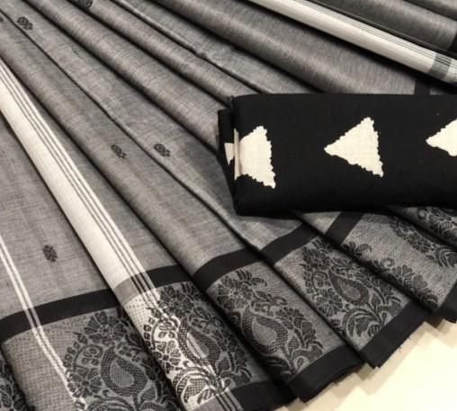 Grey Floral-Mango Border Chettinad Saree-CS708