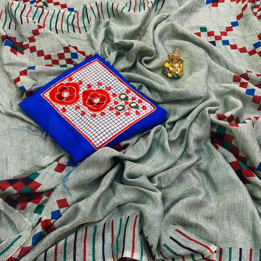 Grey Linen Saree with Embroidered Blouse-LNU002