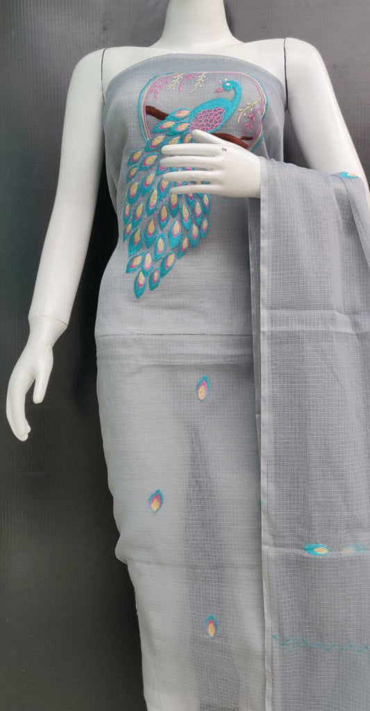Grey Peacock Embroidered Kota Dress Material