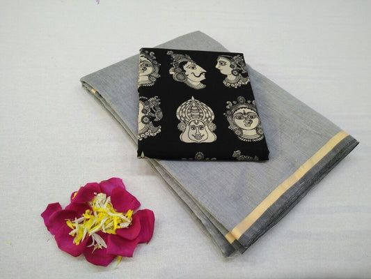 Grey with Face Designed Blouse Fancy Cotton Saree-SRE-761