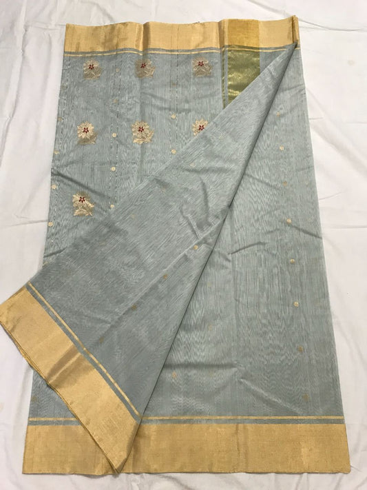 Grey with Floral Designed Zari Border Chanderi Silk Saree-CHANSRE-024