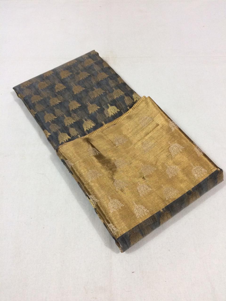 Grey with Golden Zari Pure Katan Chanderi Silk Saree