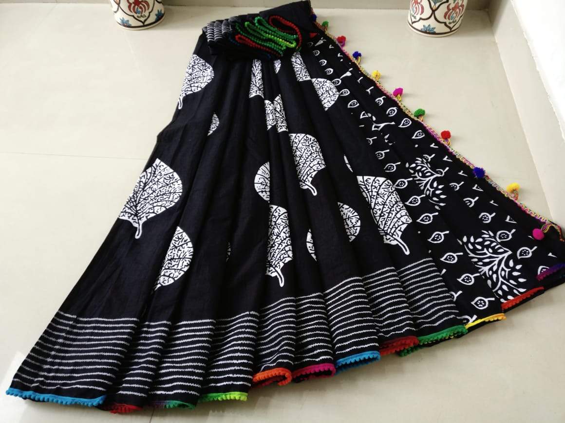 HandBlock Printed Black Mulmul Cotton Saree with Leaf Design