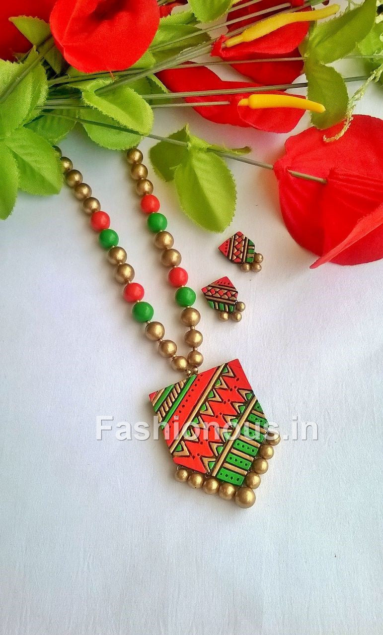 Green and Orange Pentagon Terracotta Jewellery Set