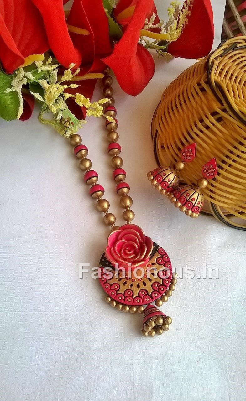 Pink and Gold Flower Terracotta Jewellery Set