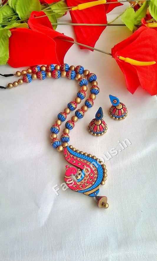 Pink and Blue Peacock Terracotta Jewellery Set
