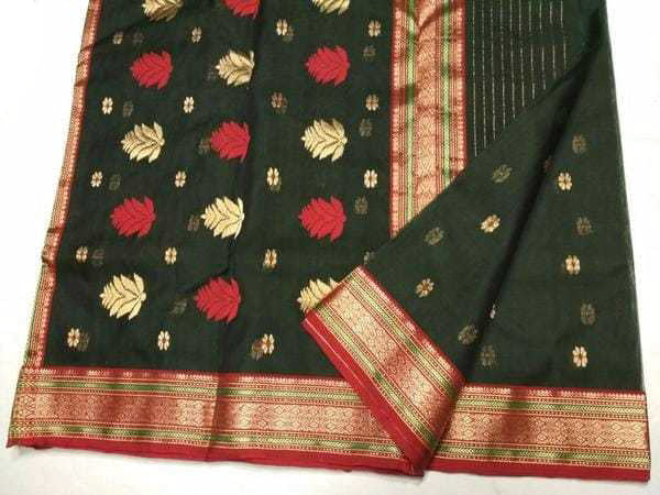 Olive Chanderi Silk Saree With Red-Gold Border and Leaf Design