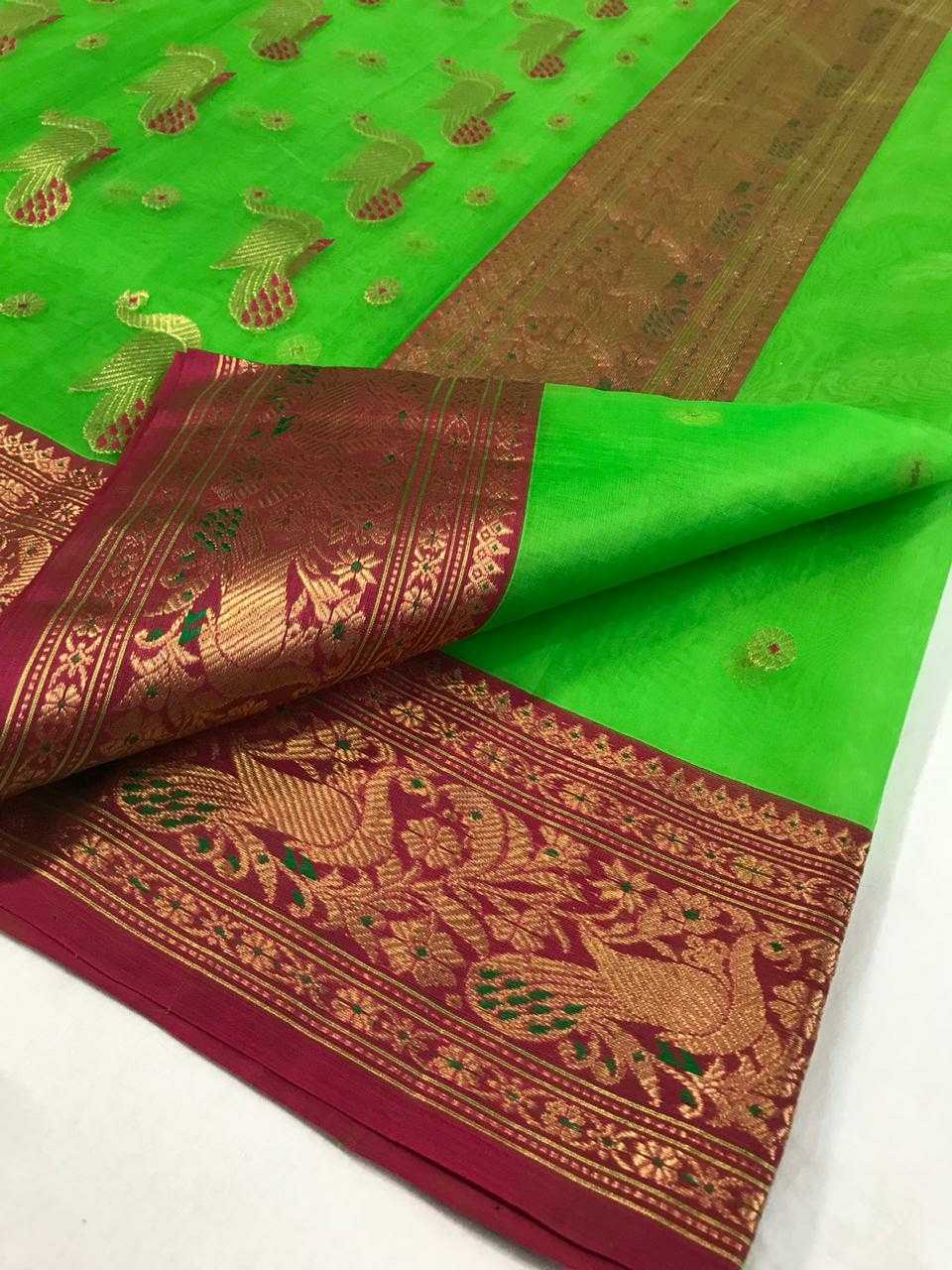 Kelly Green Chanderi Silk Saree With Copper-Gold Border- CSH009