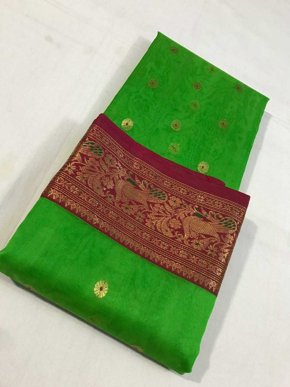 Kelly Green Chanderi Silk Saree With Copper-Gold Border- CSH009