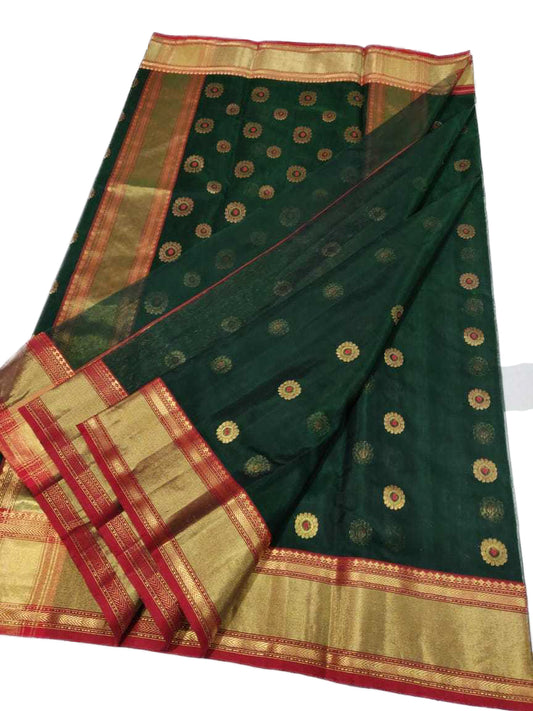 Olive Chanderi Silk Saree With Red-Gold Border and Leaf Design