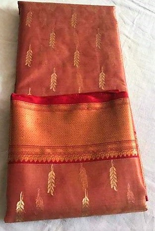 Modest Beige Chanderi Silk Saree with Red-Gold Border- CSH032