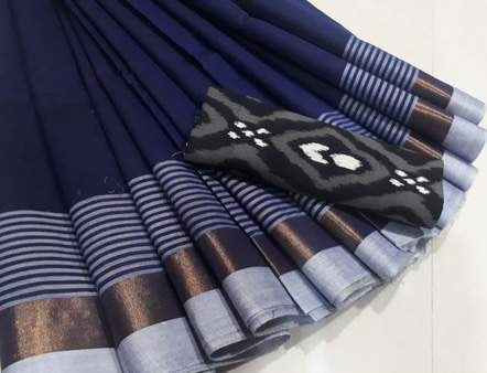 Navy Blue Chettinad Cotton Sarees with Subtle Sky Blue Border CSL000