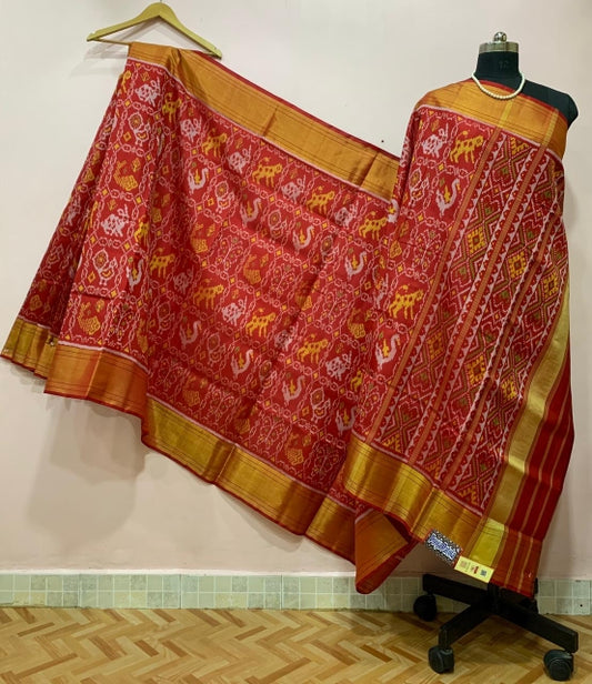 Red Bird and Animal Motif Designed Patola Silk Saree-PPSRE-021
