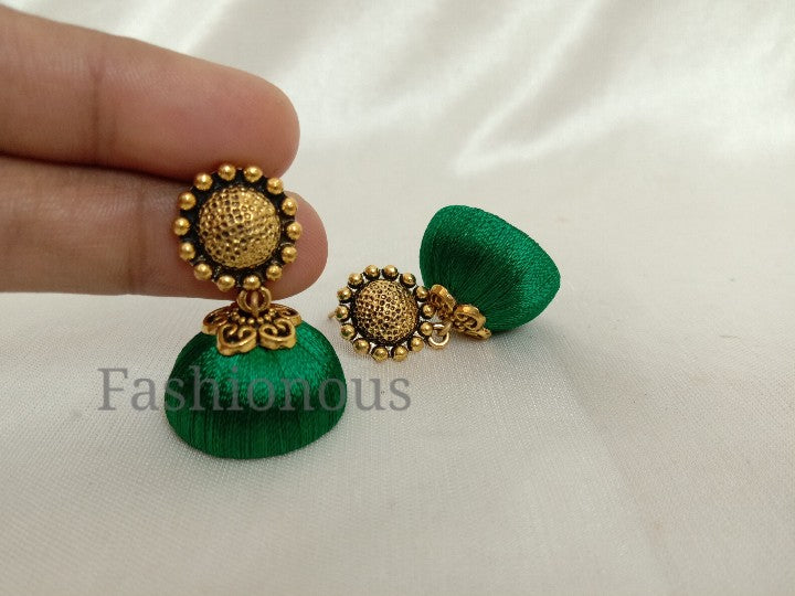 Green silk thread earring