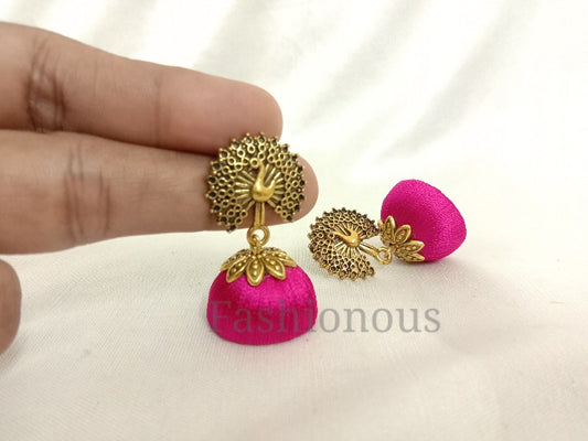 Pink silk thread earring with peacock stud