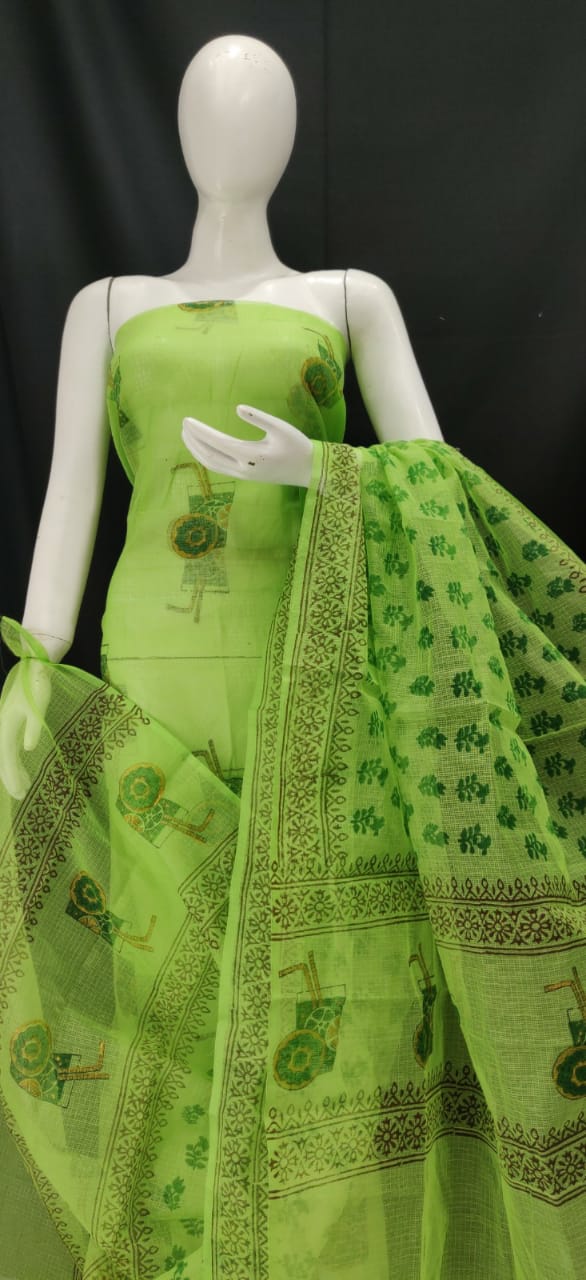 Olive Green Printed Kota Dress Material