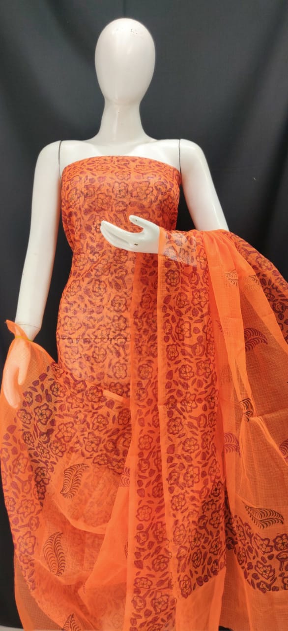 Coral Color Printed Kota Dress Material