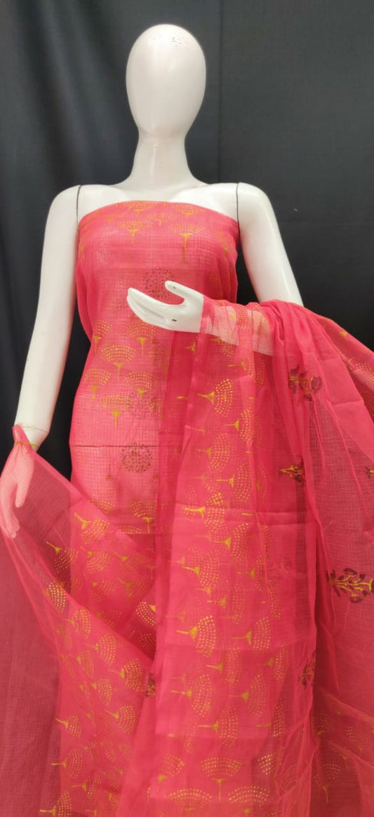 Flamingo Pink Printed Kota Dress Material