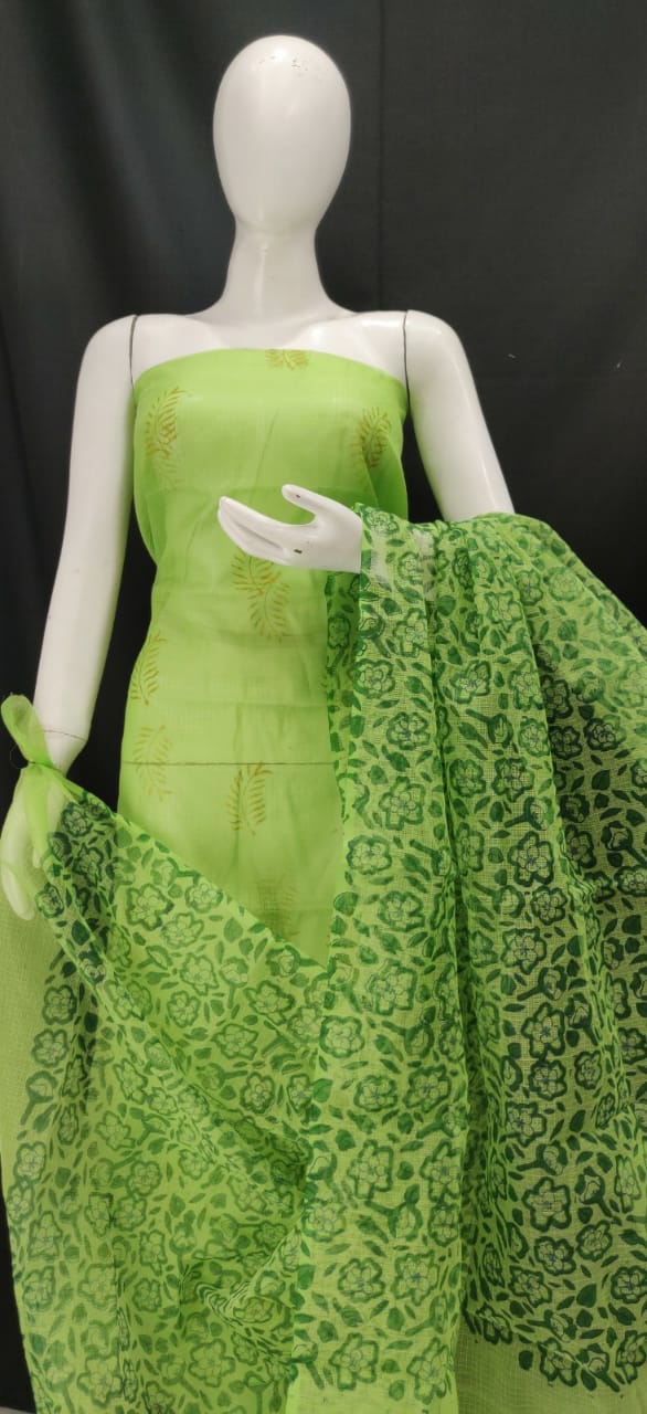 Leaf Green Printed Kota Dress Material