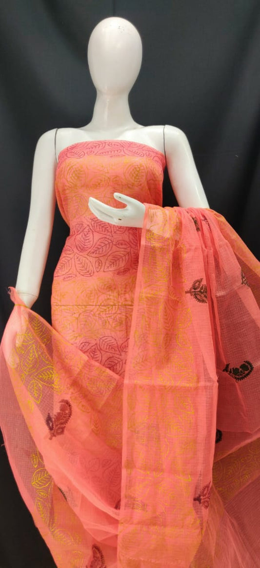 Salmon Orange Printed Kota Dress Material