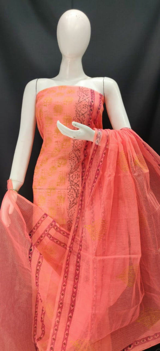 Coral Orange Color Printed Dress Material