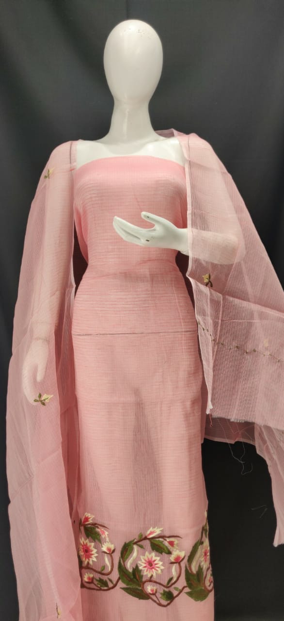 Creep Pink With Green Embroidery Kota Dress Material