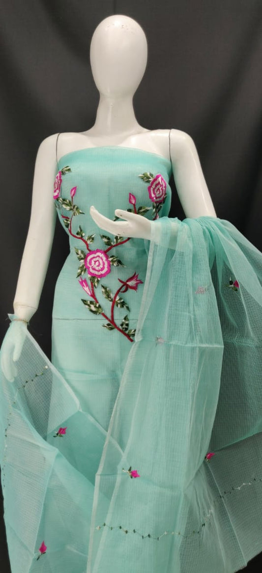 Turquoise Blue With Pink Embroidery Kota Dress Material