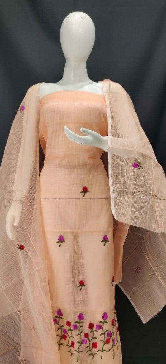 Peach Color With Pink Red Embroidery Kota Dress Material