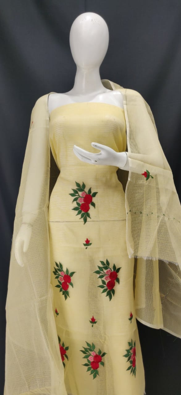 Blonde Yellow Embroidery Kota Dress Material