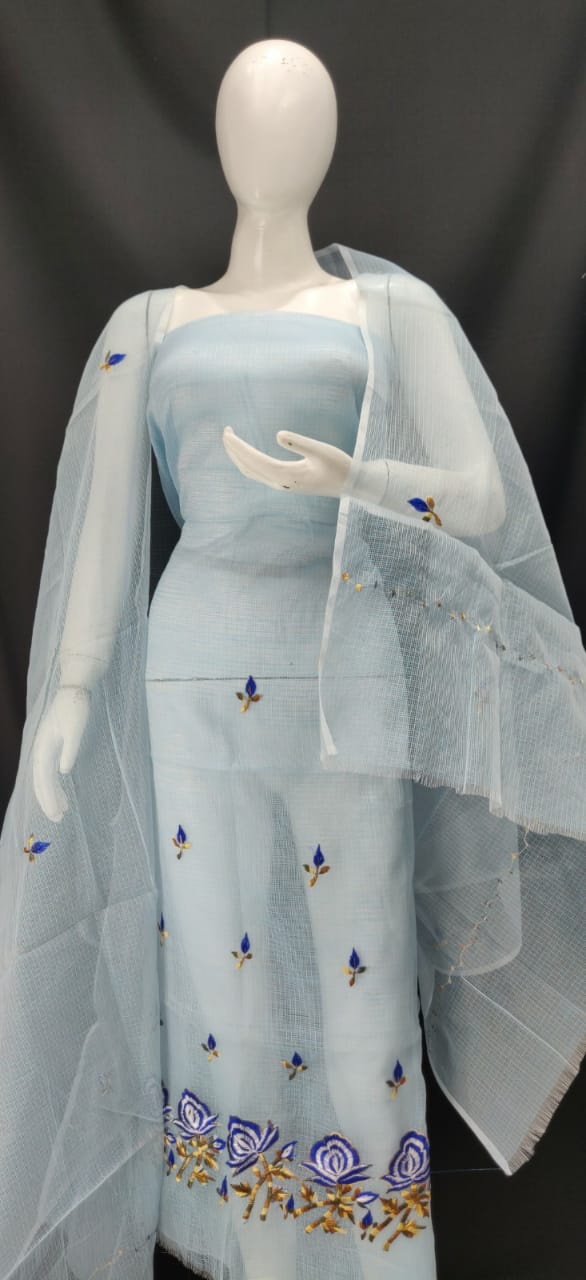 Steel Gray Embroidery Kota Dress Material