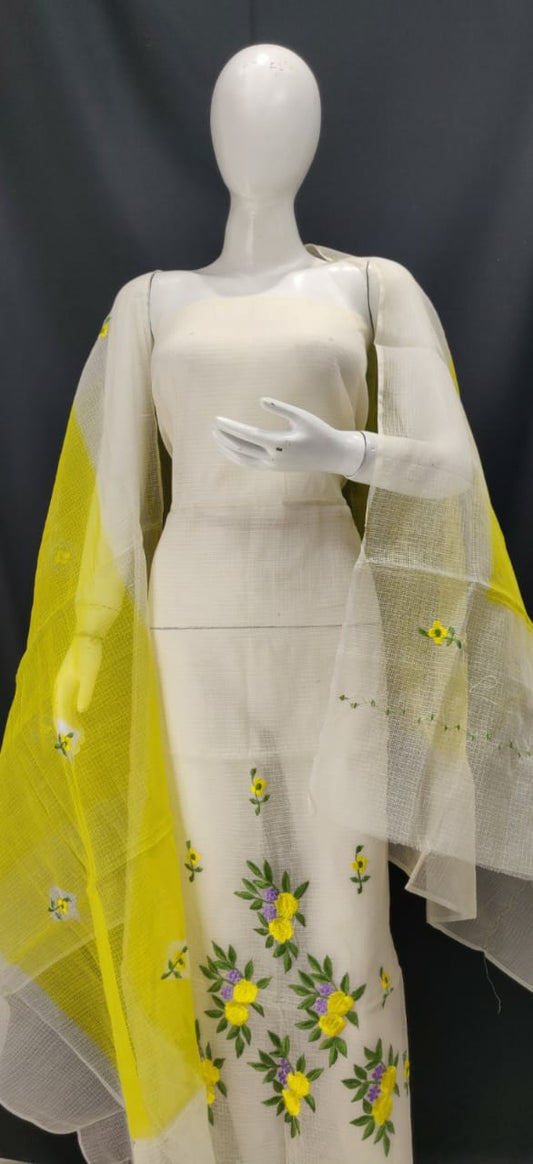Corn Yellow With White Embroidery Kota Dress Material