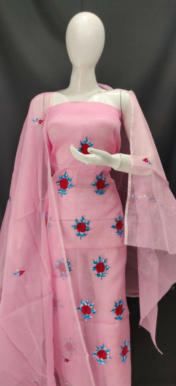 Baby Pink With Red Embroidery Kota Dress Material