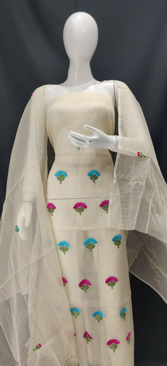 Peach Color With Pink Embroidery Kota Dress Material