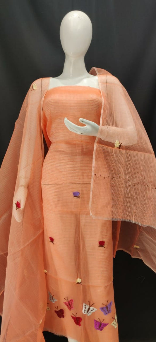 Coral Color Embroidery Kota Dress Material