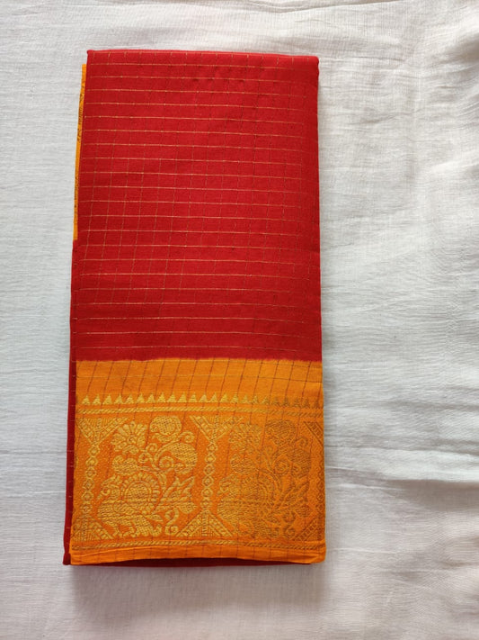 Red With Golden Border Madurai sungudi Saree- Double Side Jari Border Jari Check