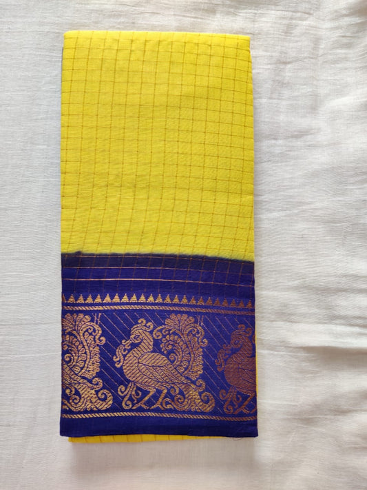 Yellow With Blue Border Madurai Sungudi Saree-  Double Side Jari Border Jari Check