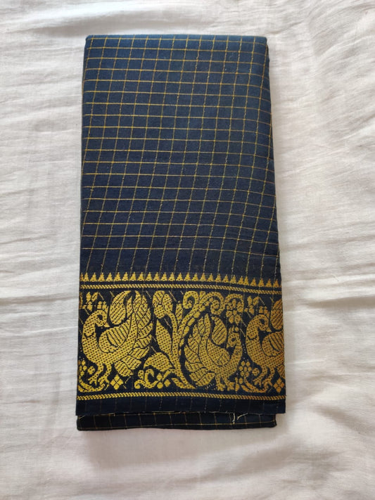 Dark Blue With Golden Border Madurai Sungudi Saree- Double side Jari Border Jari Check