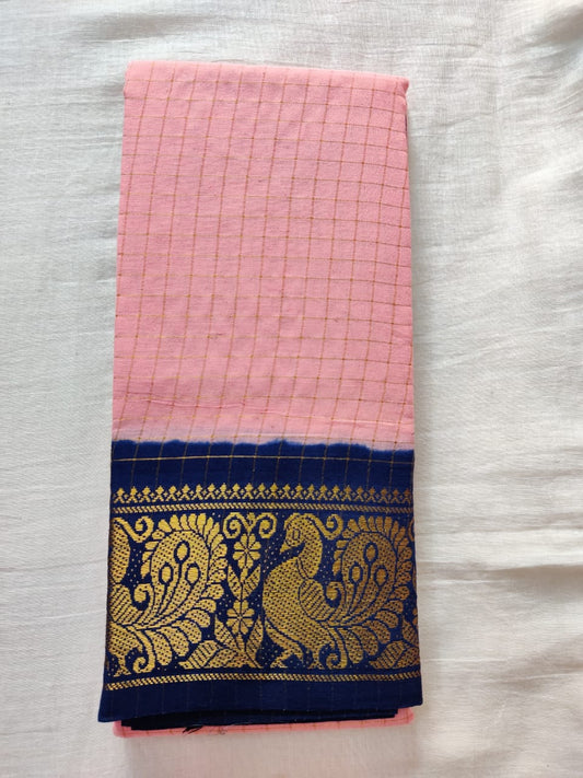 Pink With Dark Blue Madurai Sungudi Saree- Double Side Jari Border Jari Check