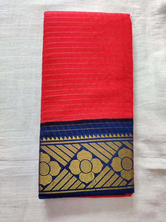 Red With Blue Border Madurai Sungudi Saree- Double Side Jari Border