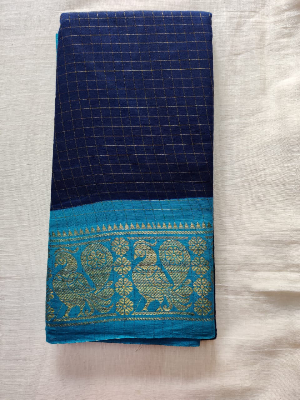 Navy Blue With Sky Blue Border Madurai Sungudi Saree- Double side Jari Border Jari Check